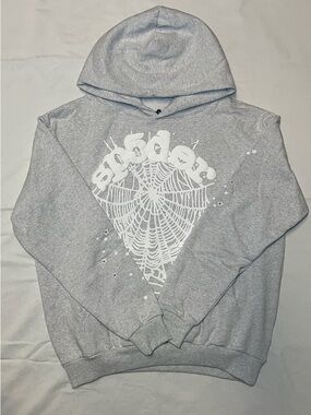 Men's Light Gray Graphic Sp5der Hoodie Sweatshirt - Spider Web Design